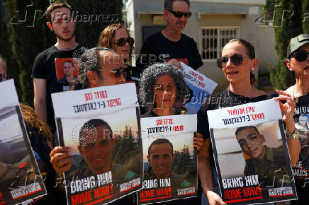 Press conference by families of hostage soldiers calling for the immediate return of their loved ones held in Gaza, amid the ongoing conflict between Israel and the Palestinian Islamist group Hamas, outside a recruitment military base in Kiryat Ono