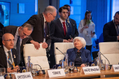US treasury secretary Janet Yellen chats with Swiss Federal Councillor Guy Parmelin during the World Bank/IMF Spring Meetings