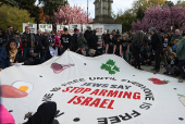 Protesters demonstrate demanding U.S. government to stop arming Israel in the Brooklyn borough of New York City
