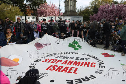 Protesters demonstrate demanding U.S. government to stop arming Israel in the Brooklyn borough of New York City