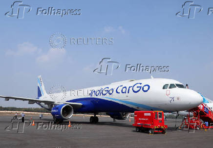 FILE PHOTO: An IndiGo cargo aircraft is displayed at Wings India 2024 aviation event at Begumpet airport, Hyderabad
