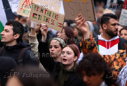 Protesters attend a demonstration in support of Palestinians, in Berlin