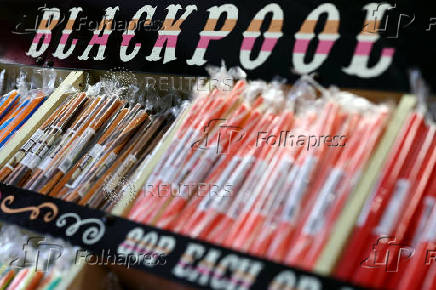 'Blackpool Rock' candies are displayed in a shop in Blackpool