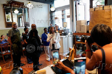 Democratic presidential nominee and U.S. Vice President Kamala Harris visits Dottie's Market in Savannah