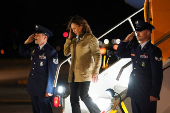 Democratic presidential nominee and U.S. Vice President Kamala Harris steps out of Air Force Two upon her arrival in San Francisc