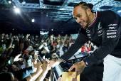 Formula One Mercedes-AMG Petronas F1 Team driver Lewis Hamilton greets his fans during a farewell event for his team in Kuala Lumpur