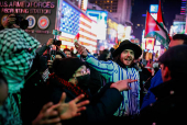 Pro-Palestinian protesters rally to stand with Palestinians in Gaza following the announcement of the ceasefire, in New York