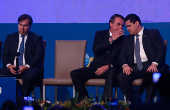 Rodrigo Maia, Jair Bolsonaro e Davi Alcolumbre em evento em Braslia (DF)