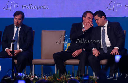 Rodrigo Maia, Jair Bolsonaro e Davi Alcolumbre em evento em Braslia (DF)