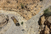 A drone view of the apparent remains of a ballistic missile, as it lies in the desert following a massive missile and drone attack by Iran on Israel, near the southern city of Arad