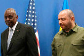 U.S. Secretary of Defense Austin meets Ukraine's Defense Minister Umerov prior to a bilateral meeting on the sidelines of a NATO defense ministers' meeting in Brussels