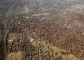 An aerial view shows Cairo's traffic and buildings