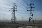 General view of electricity pylons during an organised media tour in Jiuquan