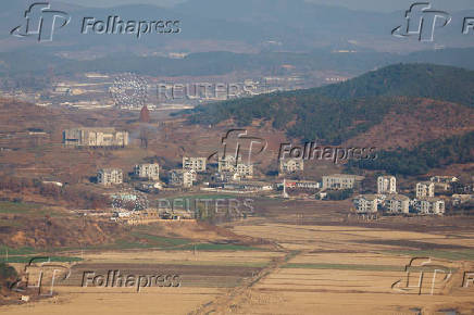 A view shows North Korea's propaganda village Kaepoong, in this picture taken from the top of the Aegibong Peak Observatory, south of the demilitarised zone (DMZ), separating the two Koreas in Gimpo