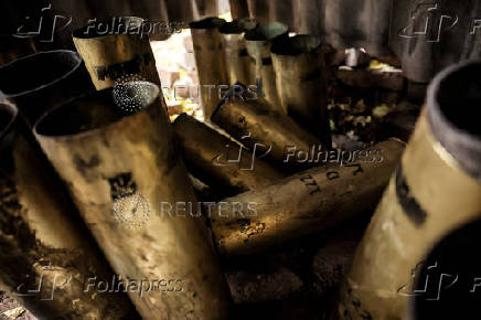 Used shell cartridges are seen at positions of Ukrainian Armed Forces near a frontline near the town of Chasiv Yar