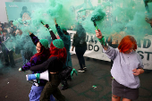 Demonstrators take part in a rally to mark International Safe Abortion Day, in Bogota