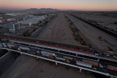 Trucks queue to cross into the United States at Zaragoza-Ysleta border crossing, in Ciudad Juarez