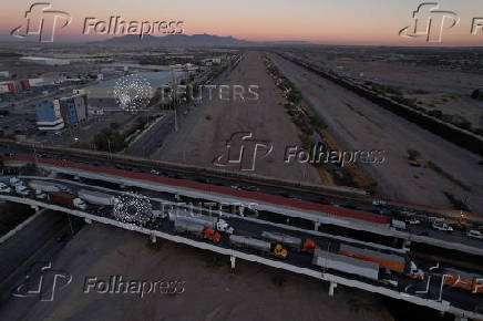 Trucks queue to cross into the United States at Zaragoza-Ysleta border crossing, in Ciudad Juarez