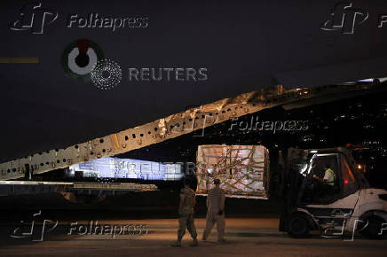 Palettes of aid for Lebanon delivered by United Arab Emirates at Beirut International Airport