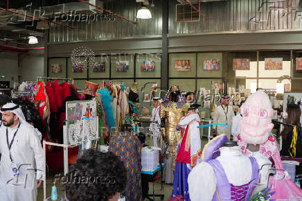 Visitors and media officials are seen at a film set during the opening ceremony of Al Hisn Big Time Studios, in Riyadh