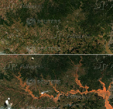 A satellite image shows a view of an area before and after flooding in Rio Grande do Sul
