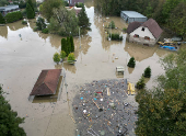 A drone view shows the flood-affected area in Ostrava