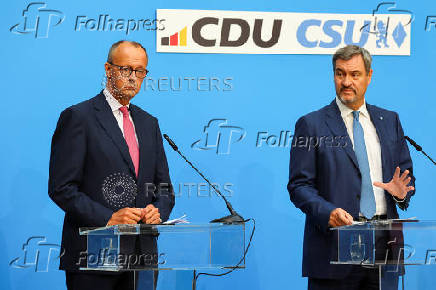 Bavarian State Prime Minister Soeder of the CSU and CDU leader Friedrich Merz hold a press conference, in Berlin