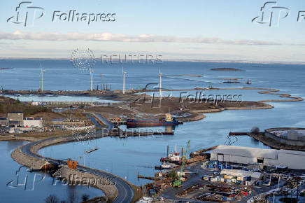 The construction of Lynetteholmen, a planned artificial peninsula, is seen from Copenhill in Copenhagen