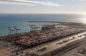 Shipping containers are seen at the port in Barcelona