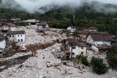 A drone view shows a flooded residential area in Donja Jablanica