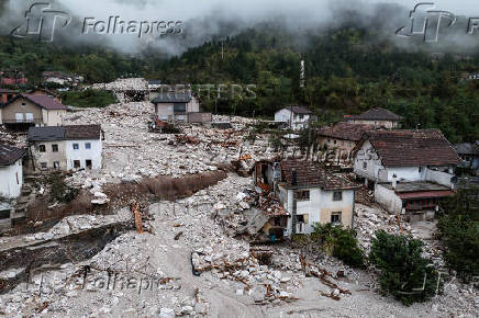 A drone view shows a flooded residential area in Donja Jablanica