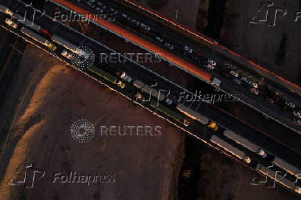 Trucks queue to cross into the United States at Zaragoza-Ysleta border crossing, in Ciudad Juarez