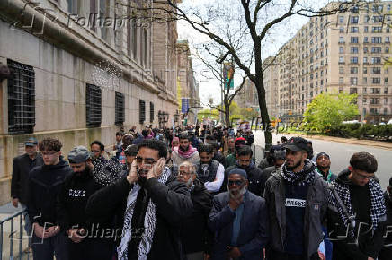 Muslims gather outside Columbia University to support student protest encampment in support of Palestinians, in New York City