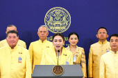 Thailand's Prime Minister Paetongtarn Shinawatra and her cabinet members attend a press conference in Bangkok