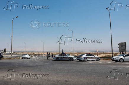 Israeli police patrol the area near Allenby Bridge Crossing between the West Bank and Jordan following a shooting incident at the crossing in the Israeli-occupied West Bank