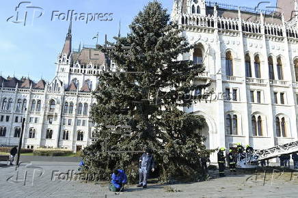 Christmas tree installed at the parliament building in Budapest