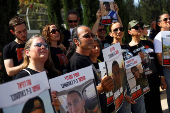Press conference by families of hostage soldiers calling for the immediate return of their loved ones held in Gaza, amid the ongoing conflict between Israel and the Palestinian Islamist group Hamas, outside a recruitment military base in Kiryat Ono