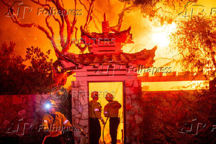 Palisades fire burns during a windstorm on the west side of Los Angeles