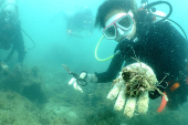 Scuba diver shows to the camera abandoned fishing nets removed from a coral reef in Phuket