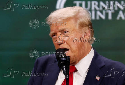 Republican presidential nominee and former U.S. President Donald Trump attends The Believers Summit 2024 in West Palm Beach