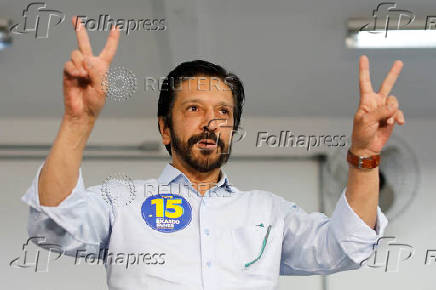 Sao Paulo Center-right incumbent Mayor Ricardo Nunes gestures while voting at a polling station during the municipal elections in Sao Paulo