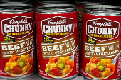 Cans of Campbell's chunky beef soup line a supermarket shelf in Bellingham