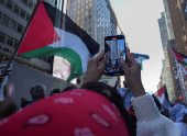 People walk in demonstration, nearly one year after Hamas' October 7, 2023 attack in southern Israel, in New York City