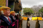 Busts of U.S. President Donald Trump are displayed at the San Ysidro border crossing in Tijuana