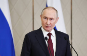 Russian President Putin attends a press conference in Astana