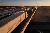 Trucks queue to cross into the United States at Zaragoza-Ysleta border crossing, in Ciudad Juarez