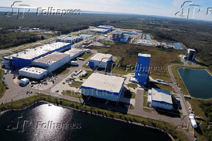 The Blue Origin manufacturing facility is shown in an aerial view at the Kennedy Space Center