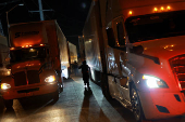 Trucks queue to cross into the United States at Zaragoza-Ysleta border crossing