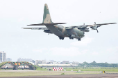 A Taiwan Air Force C-130 aircraft prepares to land at Hsinchu Air Base in Hsinchu
