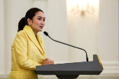 Thailand's Prime Minister Paetongtarn Shinawatra and her cabinet members attend a press conference in Bangkok